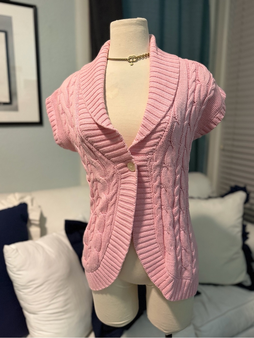 American Living Pink Cable Knit Short Sleeve Cardigan